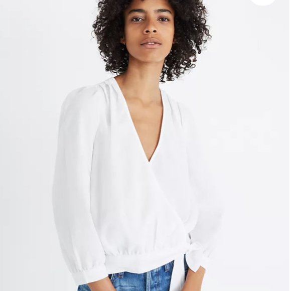 madewell white linen wrap surplice top/blouse - Picture 2 of 3